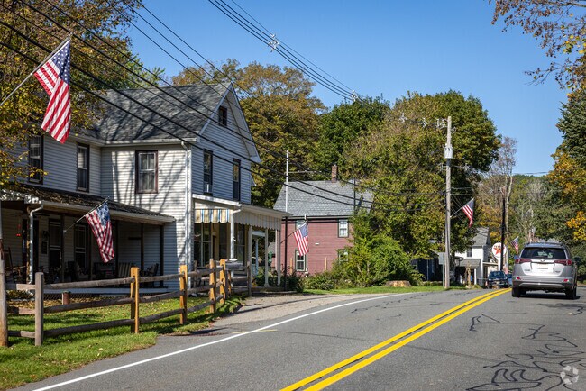 Flags line a residential street in Stillwater Township, New Jersey.