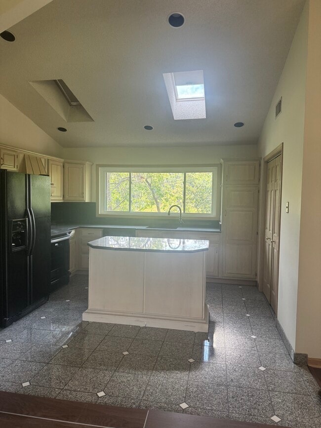 Kitchen w/ granite, skylights and vaulted ceiling