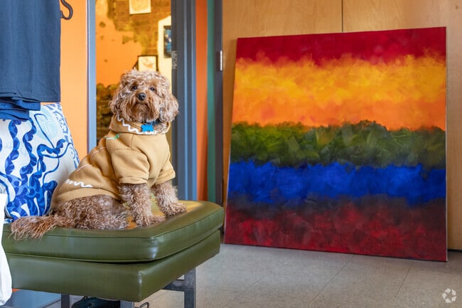 Sebastian the dog greets visitors at the Manos Gallery.