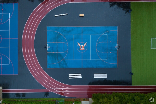 90 degree look down of the St. John Neumann School basketball court.