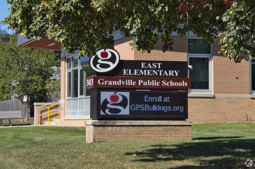 Here is the Grandville East Elementary school entrance in Grandville, Michigan