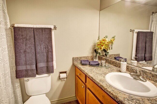Sink with lots of cabinet storage, mirror, towel rack, toilet, and bath