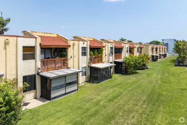 Townhomes with covered balconies are popular throughout Fontainebleau East.