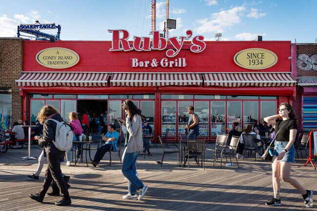 Relax at Ruby's Bar and Grill, a Coney Island boardwalk classic.
