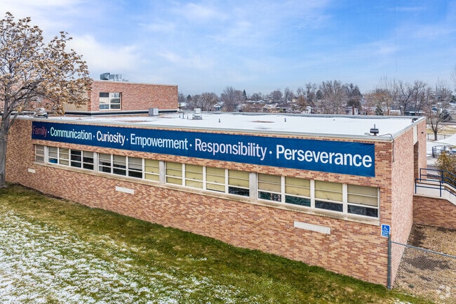 Schmitt Elementary School banner on a winter day.