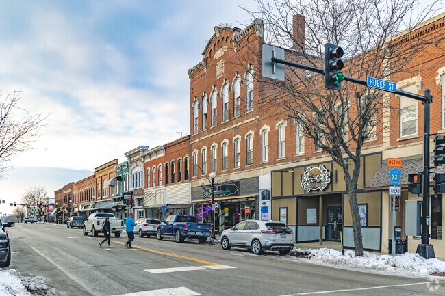 Historic brick buildings line the streets of downtown Anamosa.