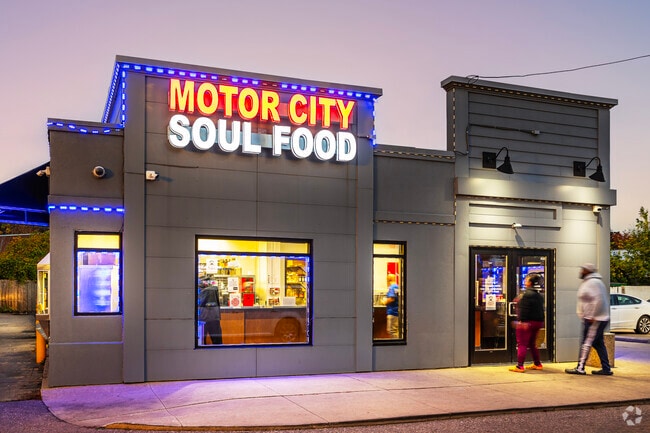 Stop by Motor City Soul Food just north of Castle Rouge for authentic Detroit foods.