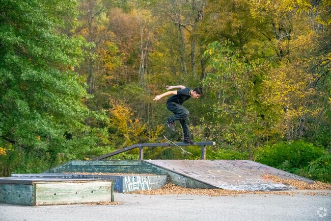 A skateboarder in mid-air at the Montpelier Recreation Area skatepark near Towne Hill.