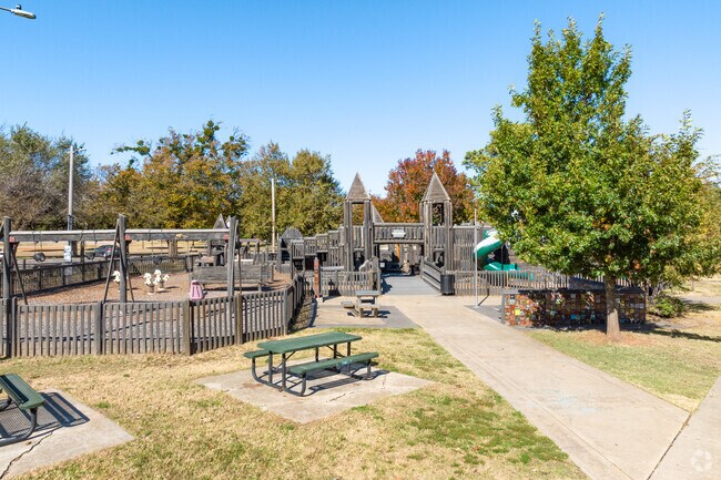 Reaves Park is complete with a castle themed playground, baseball fields, and basketball courts.