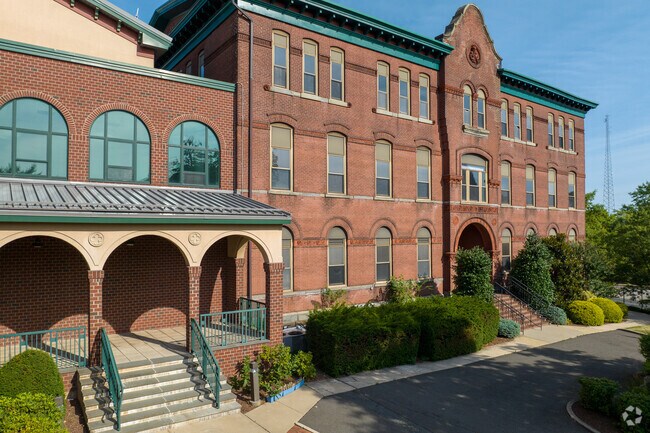 A drone view of the front of Saint Vincent Academy in Jackson, Newark NJ.