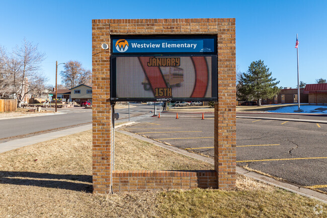 The school sign at Westview Elementary School in Northglenn, Colorado.