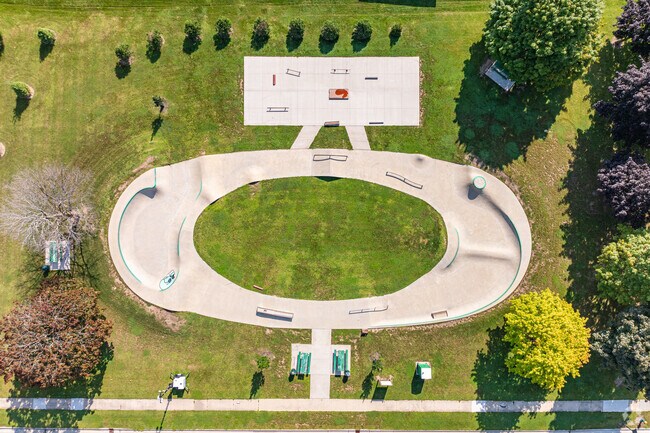 An aerial view highlights East Park's skate facility in Sturtevant.
