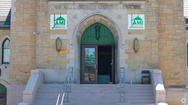 The main entrance has a welcoming design for students and visitors.