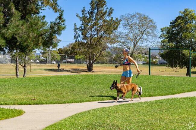 A jogger takes her morning run with her furry friend at Meadow Park.