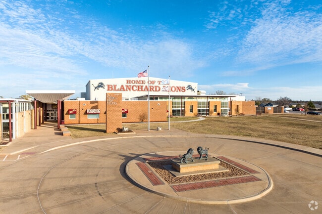 The lion statues in front of Blanchard High School show the pride of the Lions.