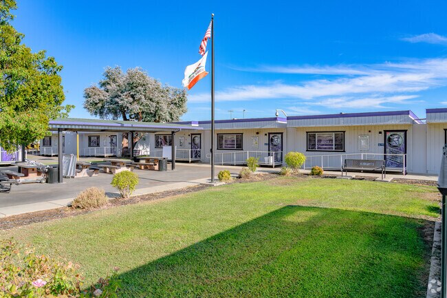 Flags fly at South Lindhurst High School.