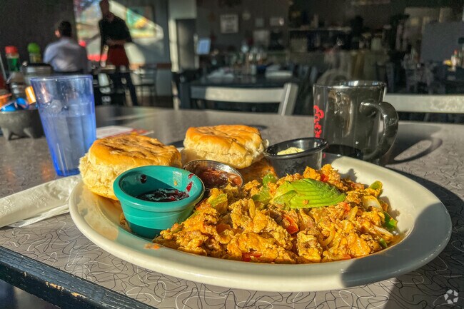 Chorizo scrabble and a steaming cup of coffee at Biscuits Café in the Gaffney Neighborhood.