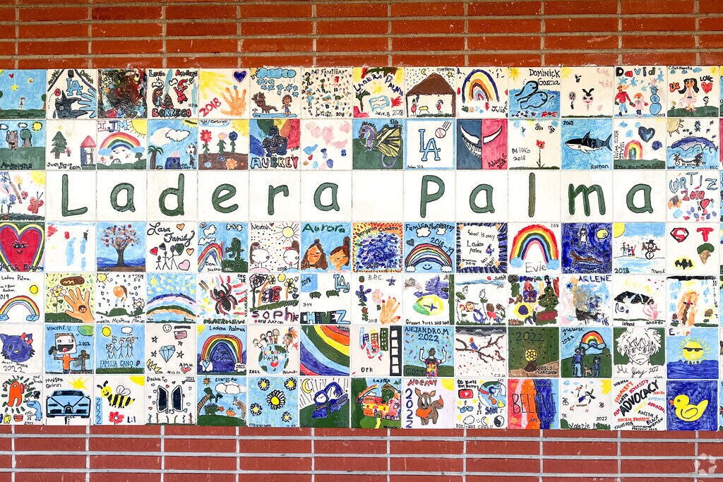 Colorful Tile Mosaic over the brick building at Ladera Palma Elementary in La Habra.