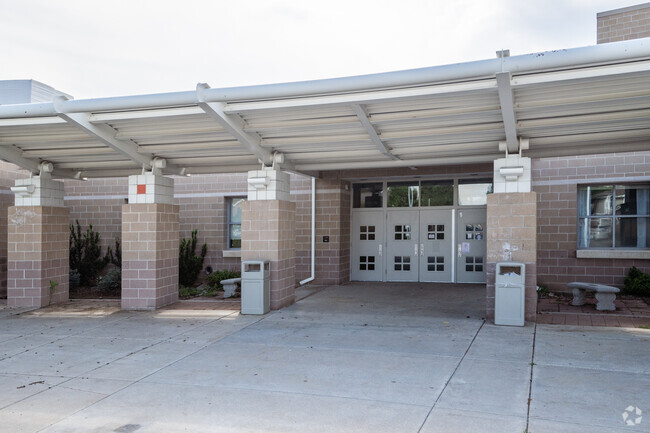 The entrance at Aspen Creek K-8 School in Broomfield, Colorado.