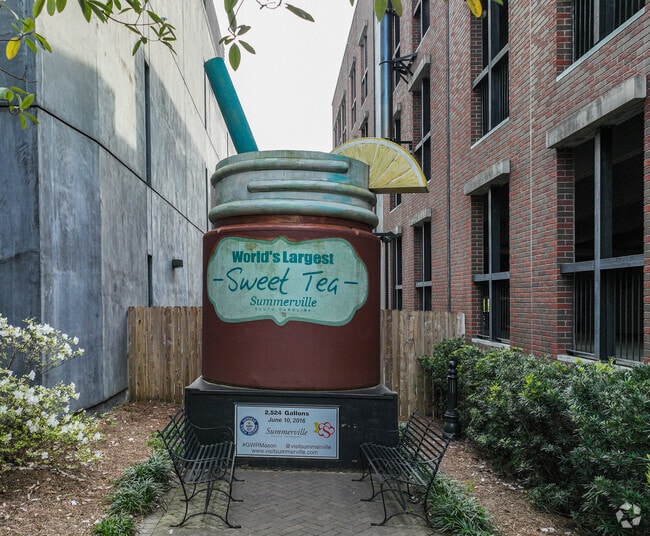 Mason is the worlds largest jar of sweet tea located in historic downtown Summerville.