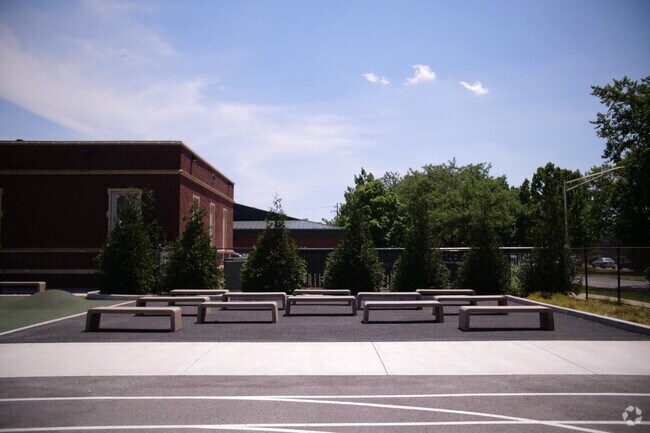 Barry Elementary School outdoor classroom seating in the Belmont Gardens neighborhood.
