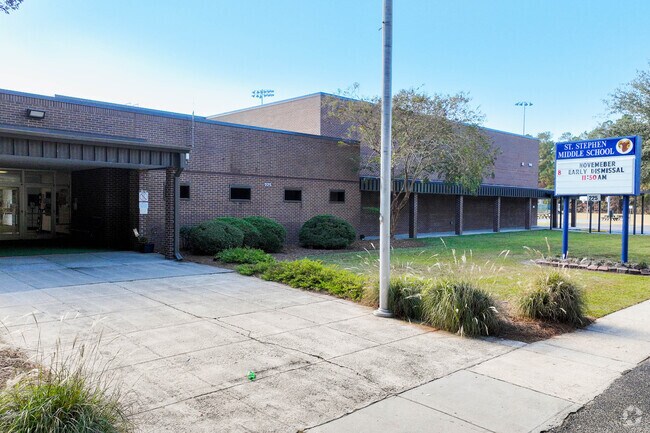 The St. Stephen Middle school is set back on a quiet road.