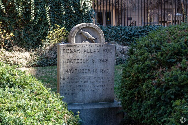 Edgar Allan Poe’s gravesite monument is located in Downtown Baltimore’s Westminster Hall.