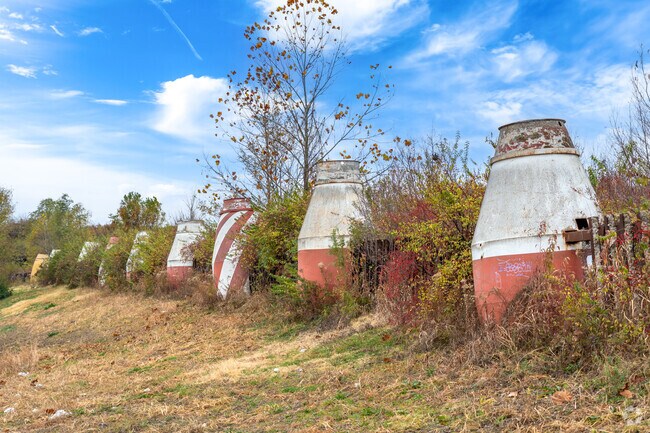 You can find a row of cement mixers forming a fence at an old industrial site in Riverview.