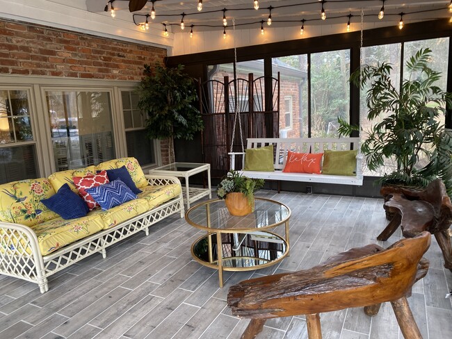 An evening retreat under glowing lights, where your oasis view takes center stage.