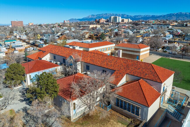 Eugene Field Elementary School with Presbyterian Hospital in the background.