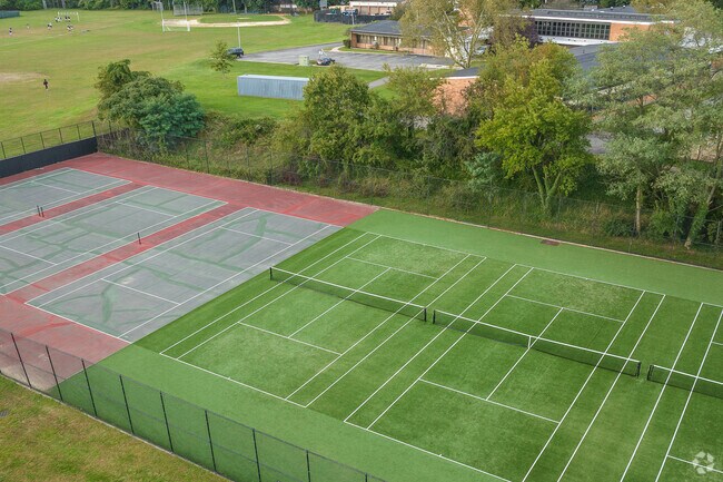 Baldwin Senior High School has both grass and concreate tennis courts.