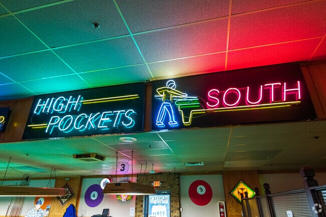 Neon lights at Romine’s High Pockets in the Goldman Park neighborhood.