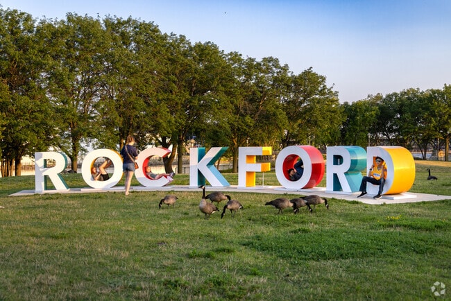 Davis Park at Founders Landing includes an unmistakeable Rockford landmark of life size letters.