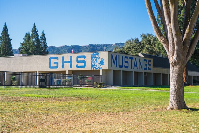 A painted Gilroy High School mascot located in the front of the campus.