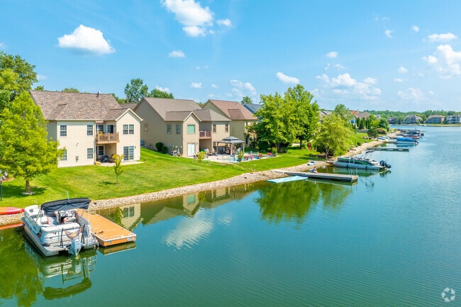 There are serene lakeside neighborhoods in Winfield, Indiana, featuring waterfront homes.
