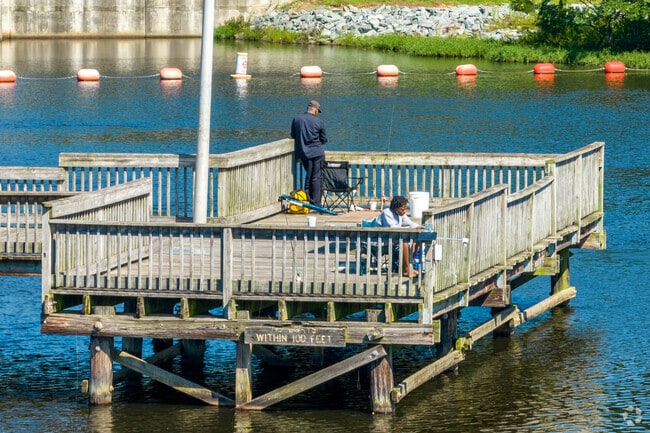 You can go fishing at the Salem Lake pier in the Reynolda Forest neighborhood in North Carolina.