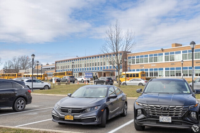 Ground-level shot of George W Hewlett High School.