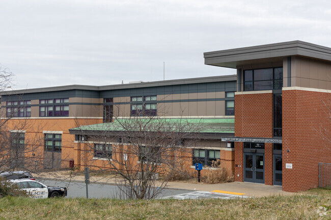 Main entrance of Matthew J. Kuss Middle School in Fall River, Massachusetts.