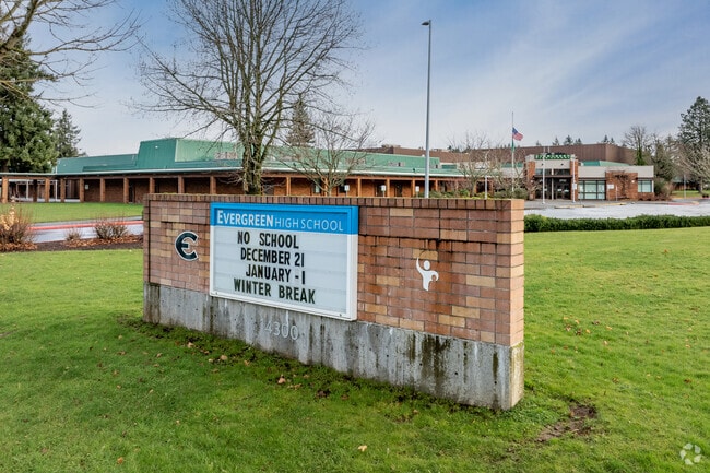 The marquee provides important information about Evergreen High School in Vancouver, WA.