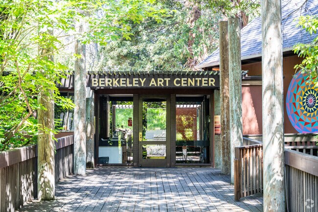 The Berkeley Art Center is tucked into a grove of redwood trees nearby Likve Oak Park.