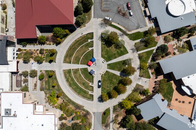 An aerial view of TMCC High School's quad looking down.