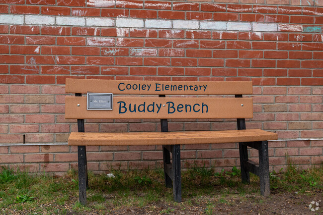 Relax on the Buddy Bench with your best friend at Cooley Elementary School.