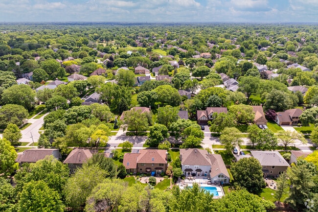 Aerial view of the tree-lined neighborhood known as Winding Creek Estates.