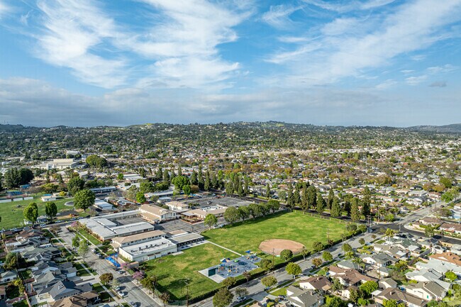 A bird's eye view of the sports fields at St Bruno Catholic School in Whittier.