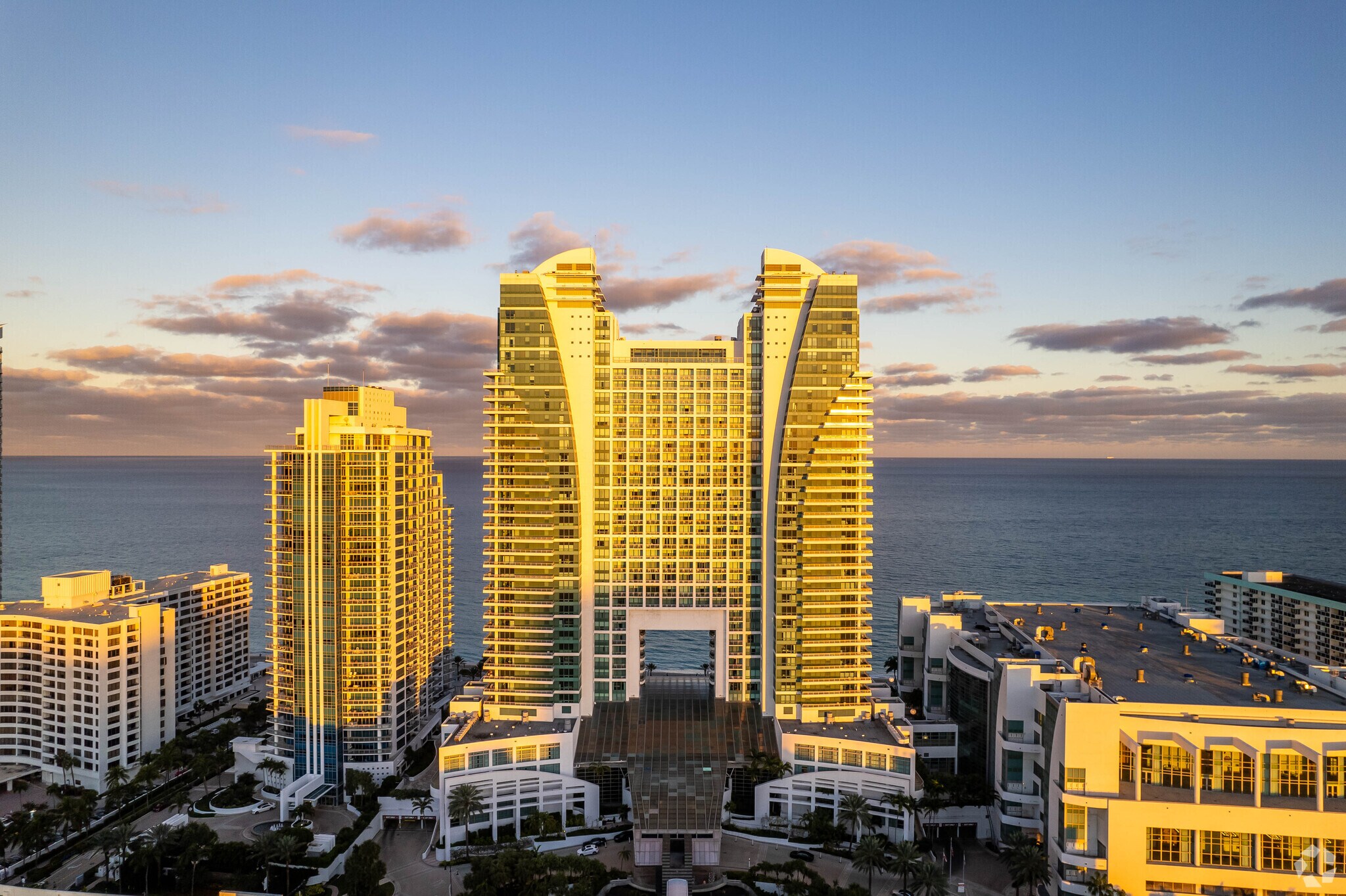 The Diplomat Hotel sits waterfront on Hollywood Beach.
