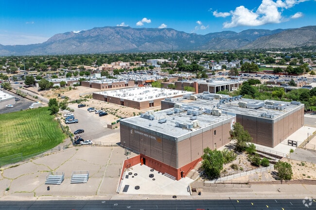 Eldorado High School and the Sandia Mountains.