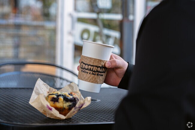 Locals love visiting Crossroads Coffee & Ice Cream for a coffee and a warm blueberry muffin.