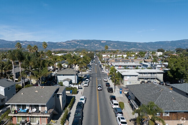 Aerial of neighborhood streets in Isla Vista, Santa Barbara, CA.