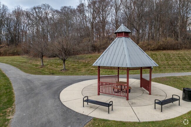 East Bradford Park’s pavilion offers a shady spot for walkers to rest and unwind.