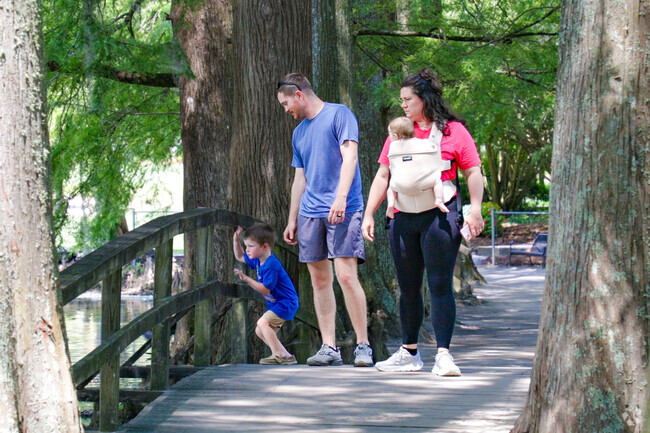 Swan Lake Iris Gardens visitors can enjoy observing nature from a shaded boardwalk.